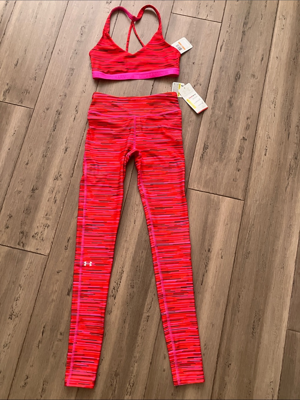 Under Armour Heatgear Pink Red Space-Dye Active Bra Top Leggings Set XS